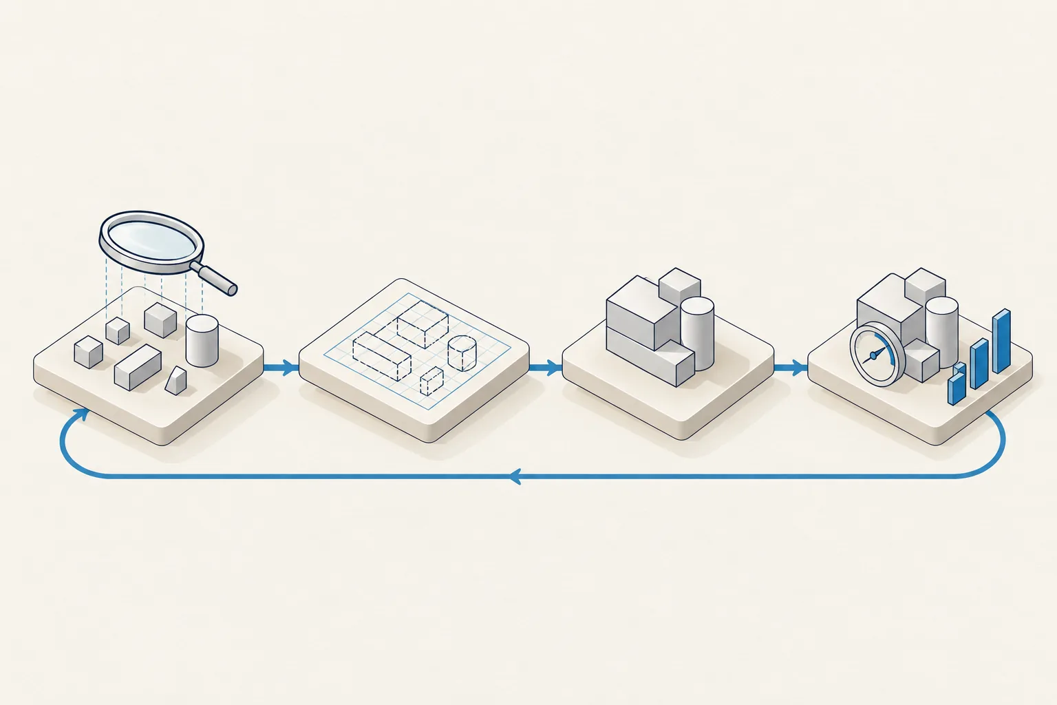 Four platforms joined by one blue path: a lens over blocks, a plan, a finished build and a gauge, looping back to the start.