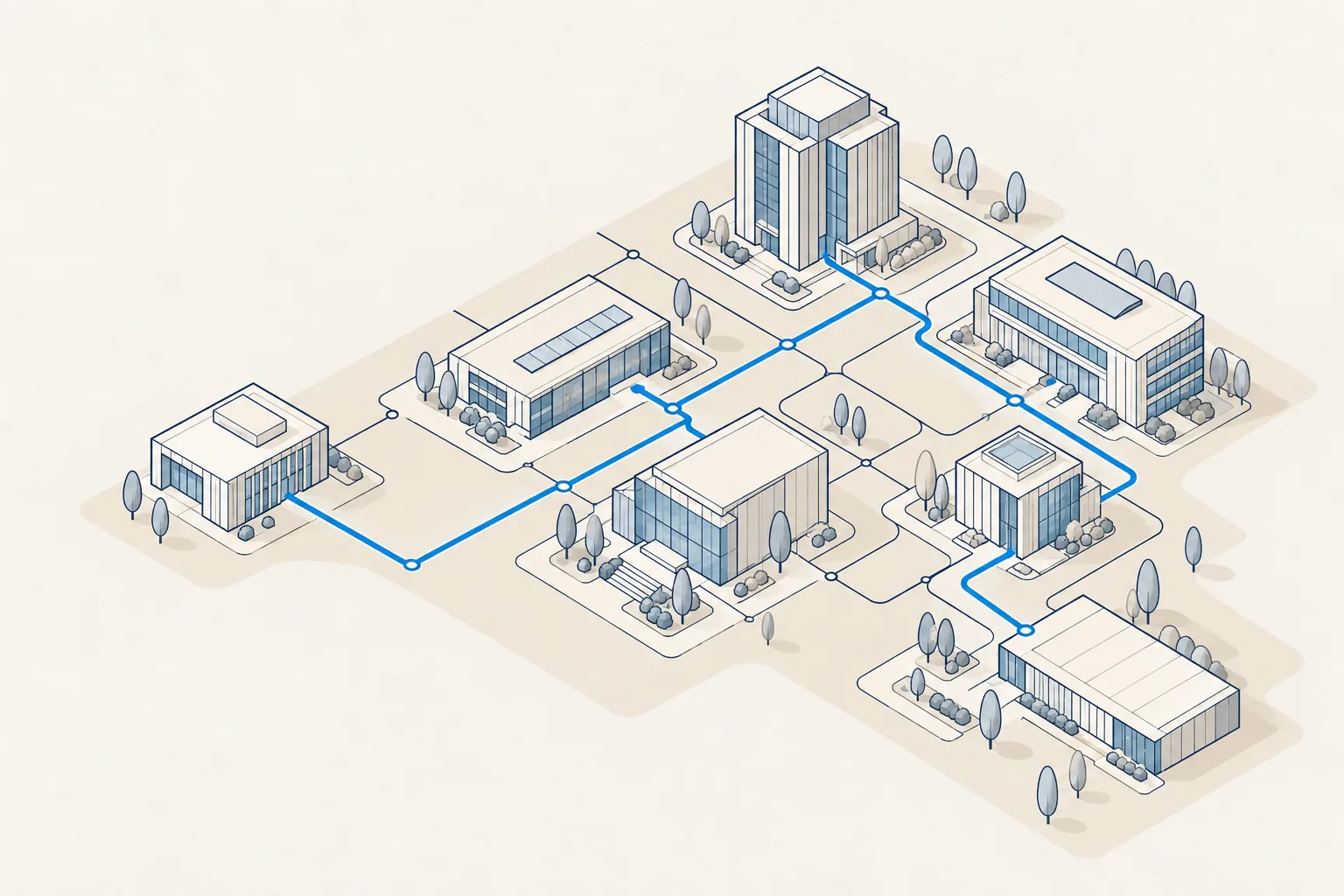 An office campus whose buildings are linked by one blue route.