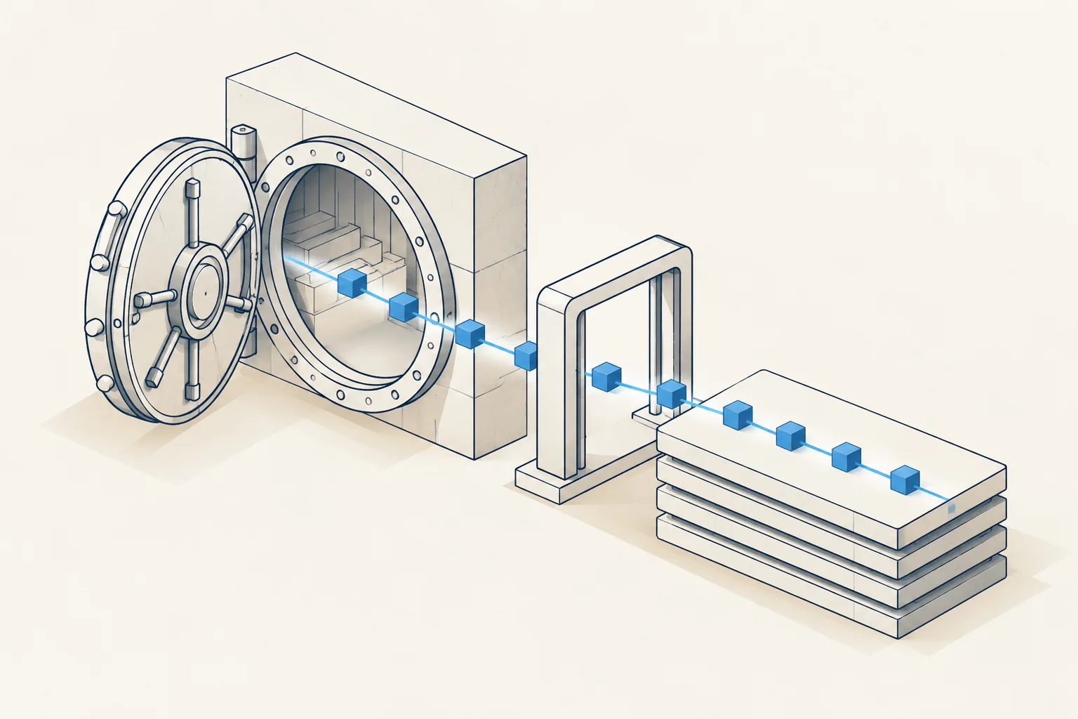 Items flow from an open vault, through a gate and onto a stack of ledgers.