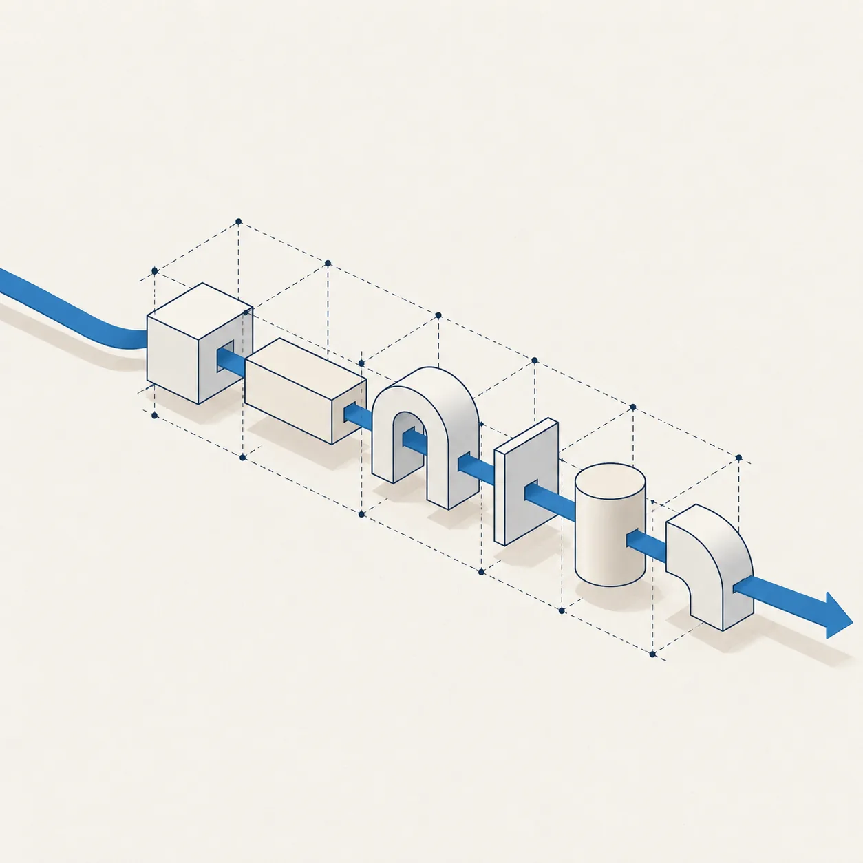 The blue ribbon passes through a guide grid and the blocks line up in order.