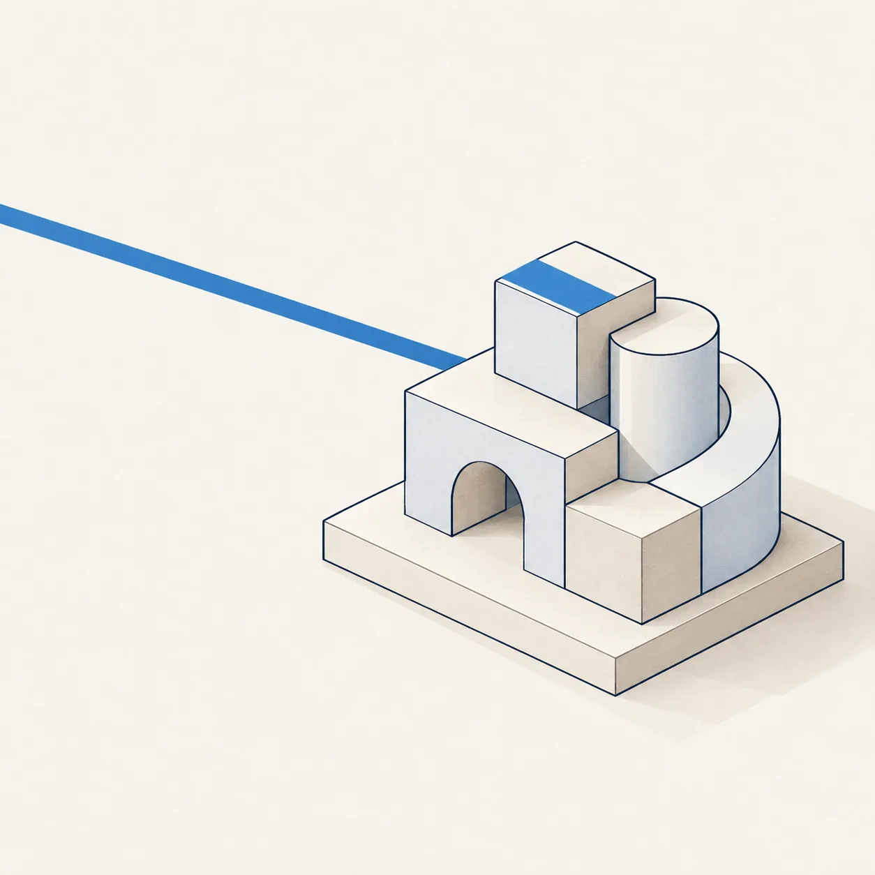A straight blue line ends at one finished object on a plinth.