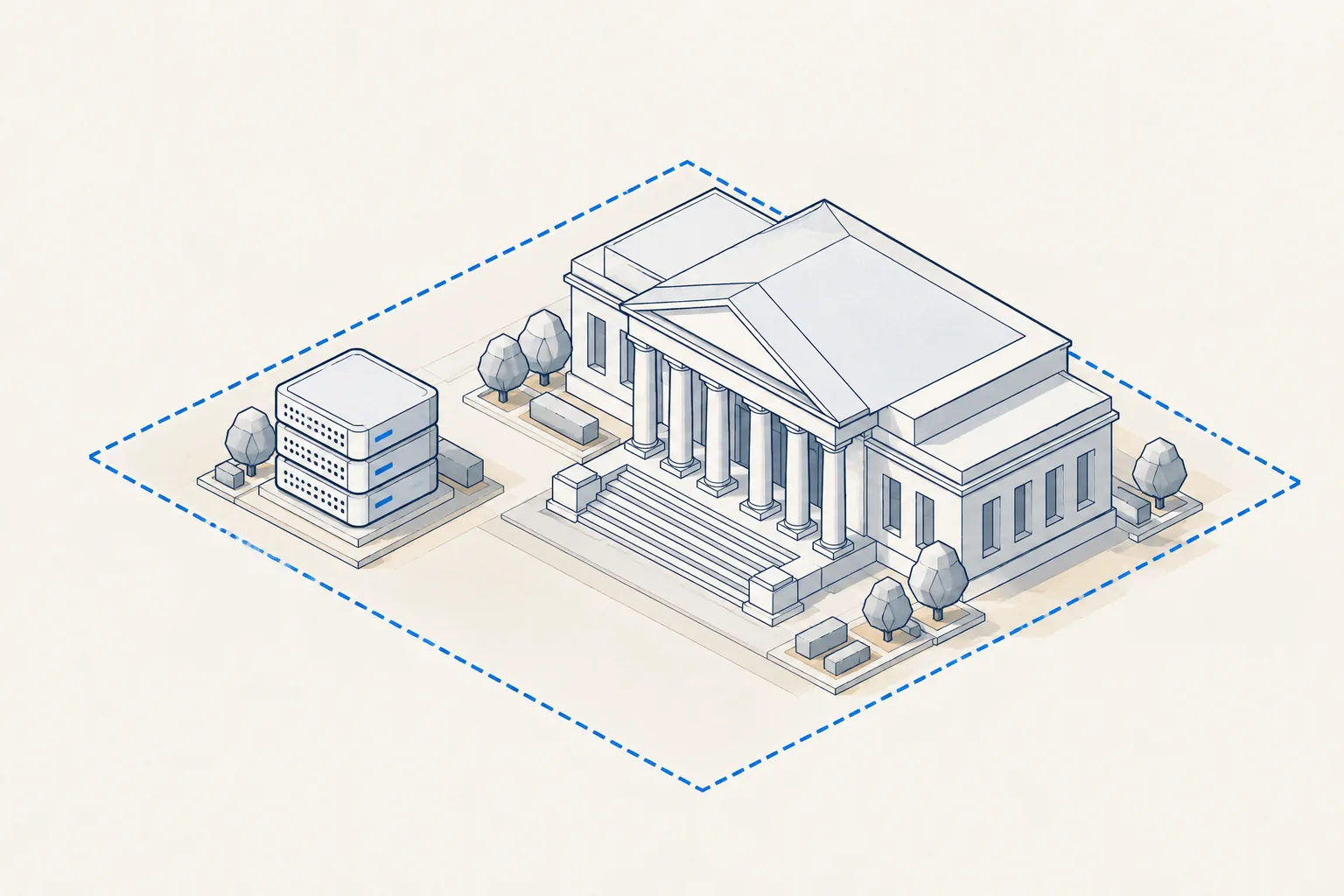 A civic building and a small data center inside one dashed blue boundary.