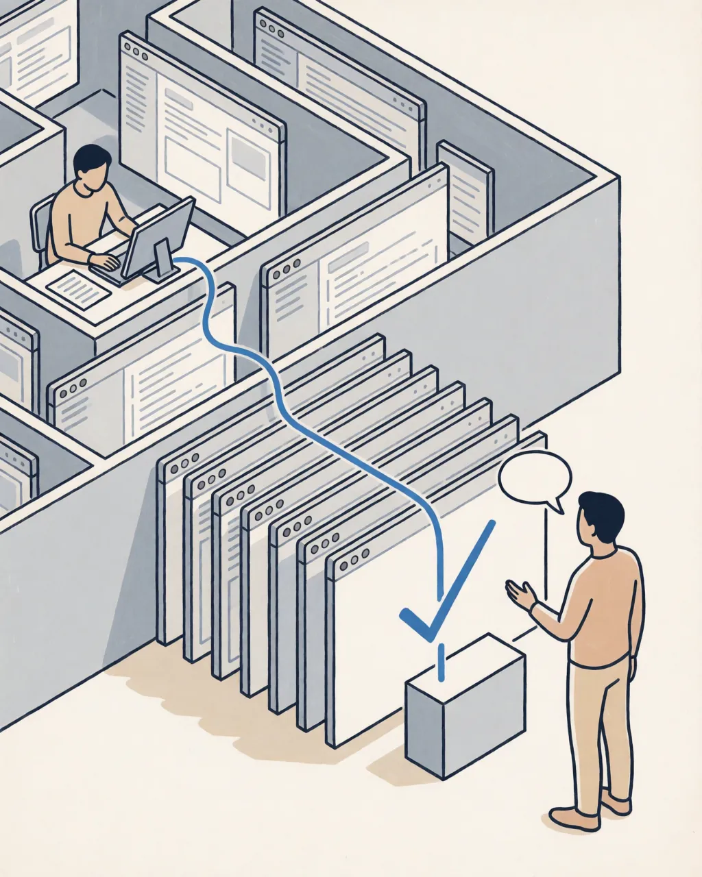A person at a desk is boxed in by a maze of software screens. Outside the maze, the same person says what they need, the screens line up, and a blue line runs to a finished result with a check mark.