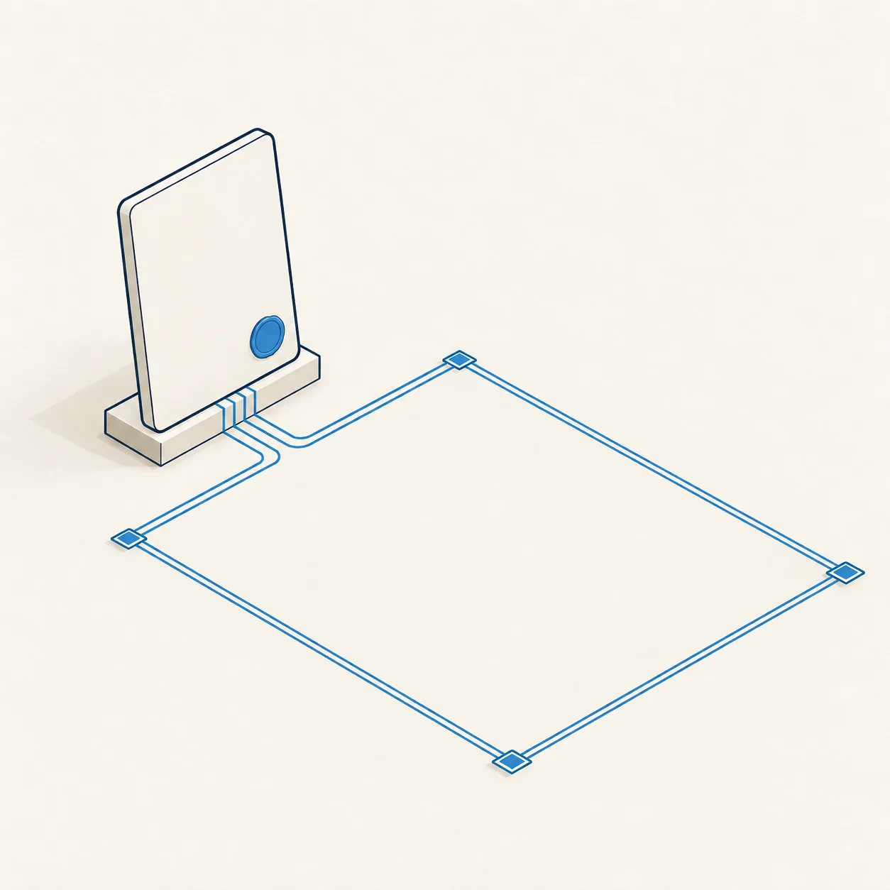 A blank tablet with a blue seal, marking out a square boundary on the ground.