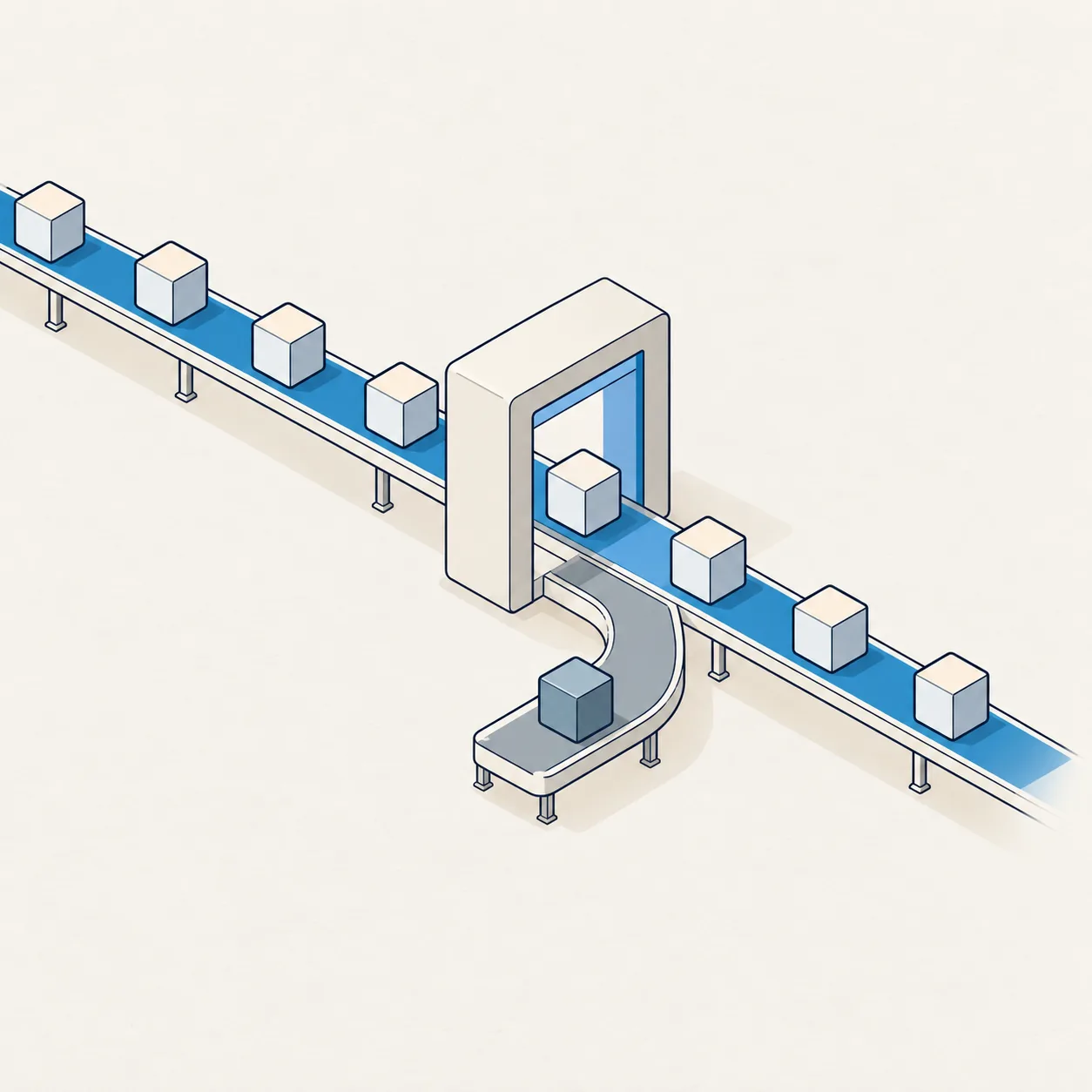 Blocks on a conveyor pass through a gate. One that doesn't fit is moved to a side track.