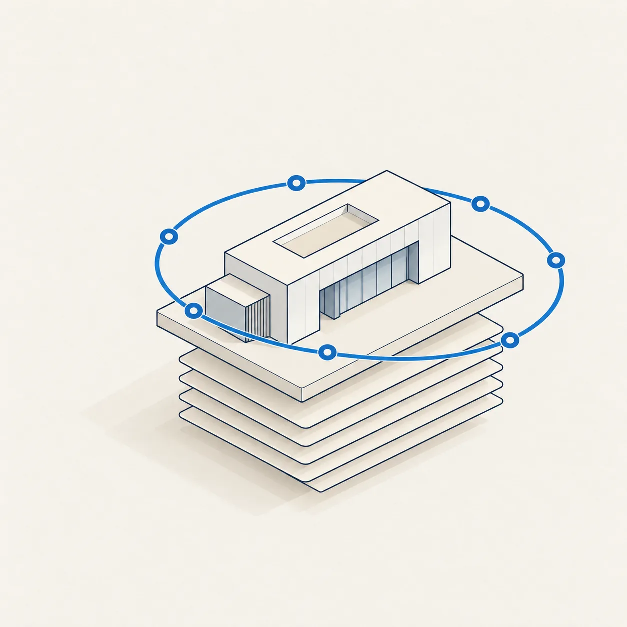 A blue loop with checkpoints circles a building that sits on a growing stack of records.